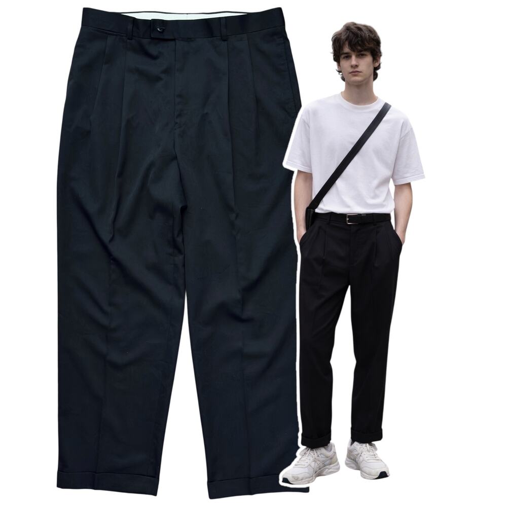 Black Pleated Trousers Minimalist Tailored Cuffed Slacks Mens 36x30 Pants Office